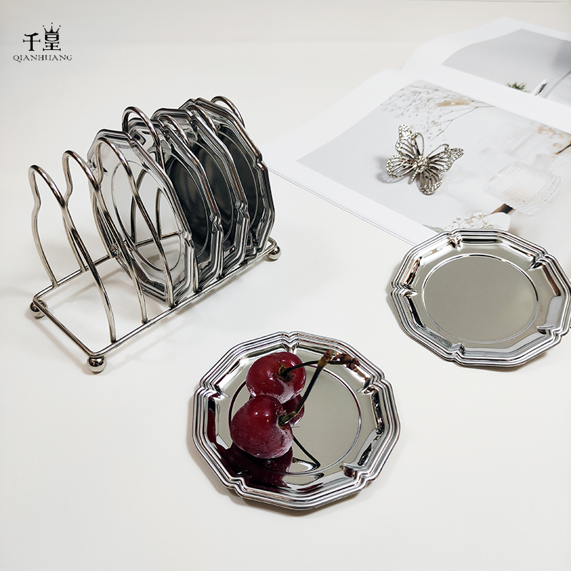 法式不锈钢酒吧鸡尾酒金属杯垫套装西餐咖啡甜品盘镜面甜品蛋糕盘