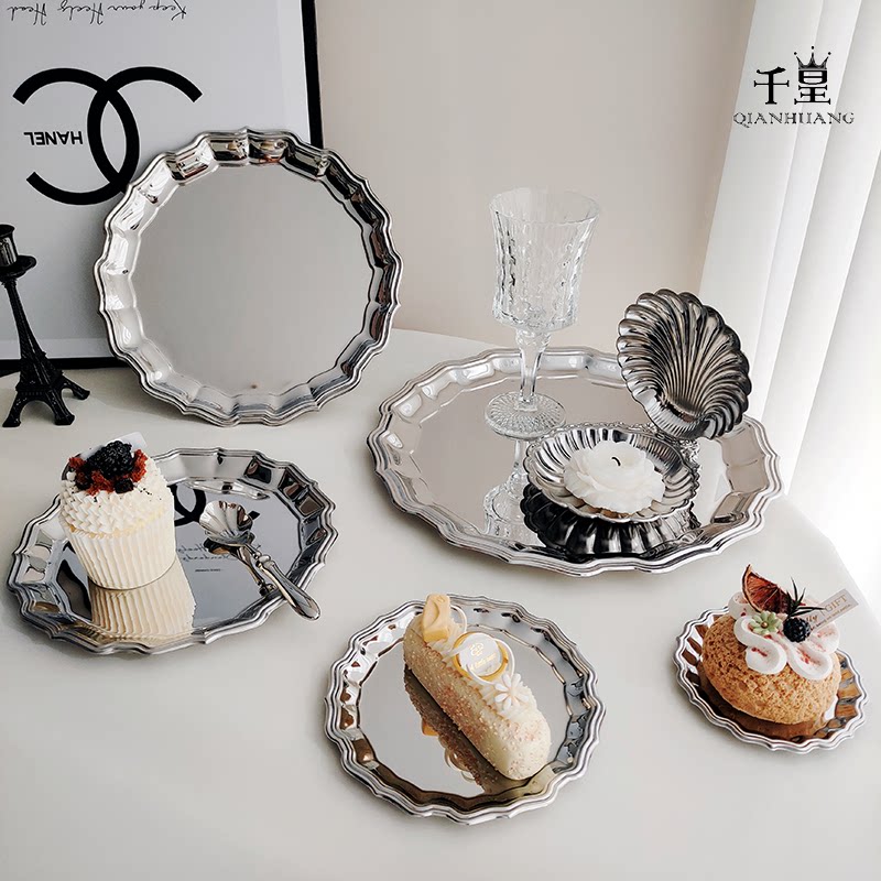轻奢法式西餐不锈钢果盘花边造型家用茶点盘蛋糕点心托盘高档餐具
