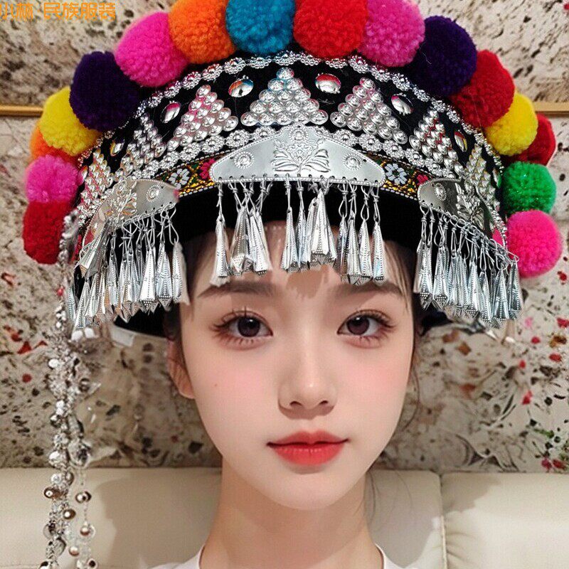昆明发货精品绣花云南拉祜族帽子少数民族哈尼族帽子拉祜头饰女帽
