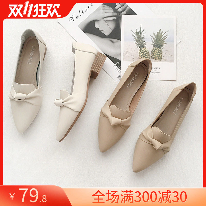 专柜简约百搭尖头粗跟单鞋女2024新款上班低跟三万里软皮奶奶鞋秋