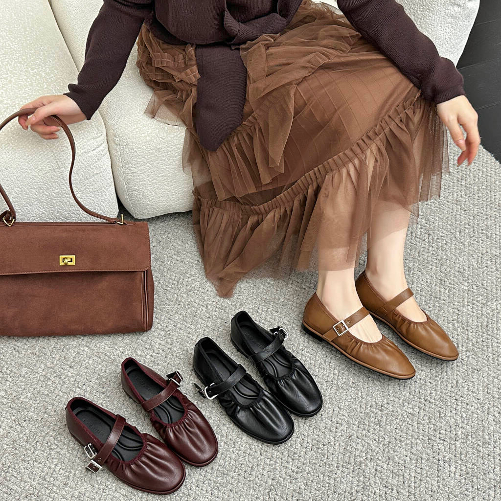 韩国小姐法式一字带玛丽珍单鞋2026年新款酒红色简约百搭平底女鞋