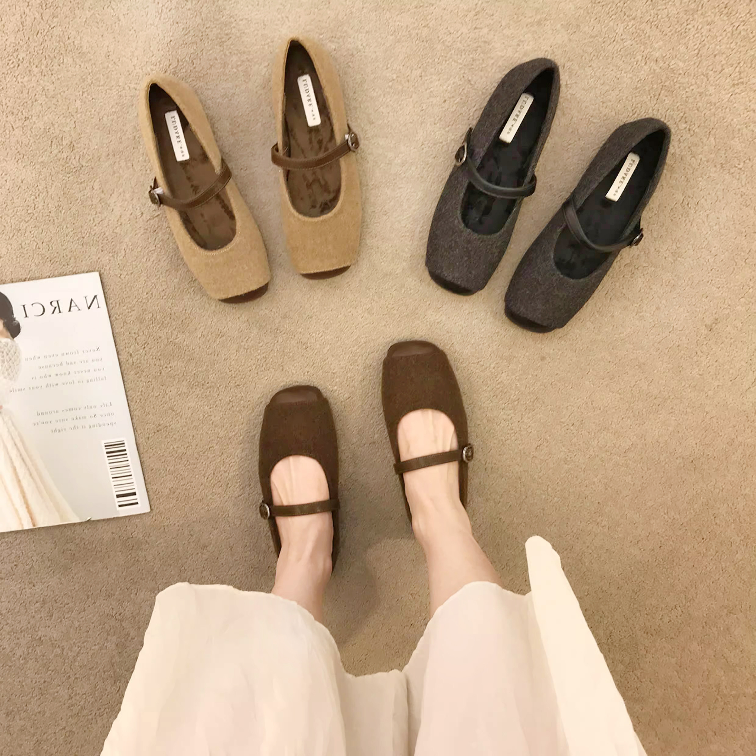 韩系方头一字带玛丽珍单鞋女平底2026秋冬猪鼻复古软底加绒奶奶鞋