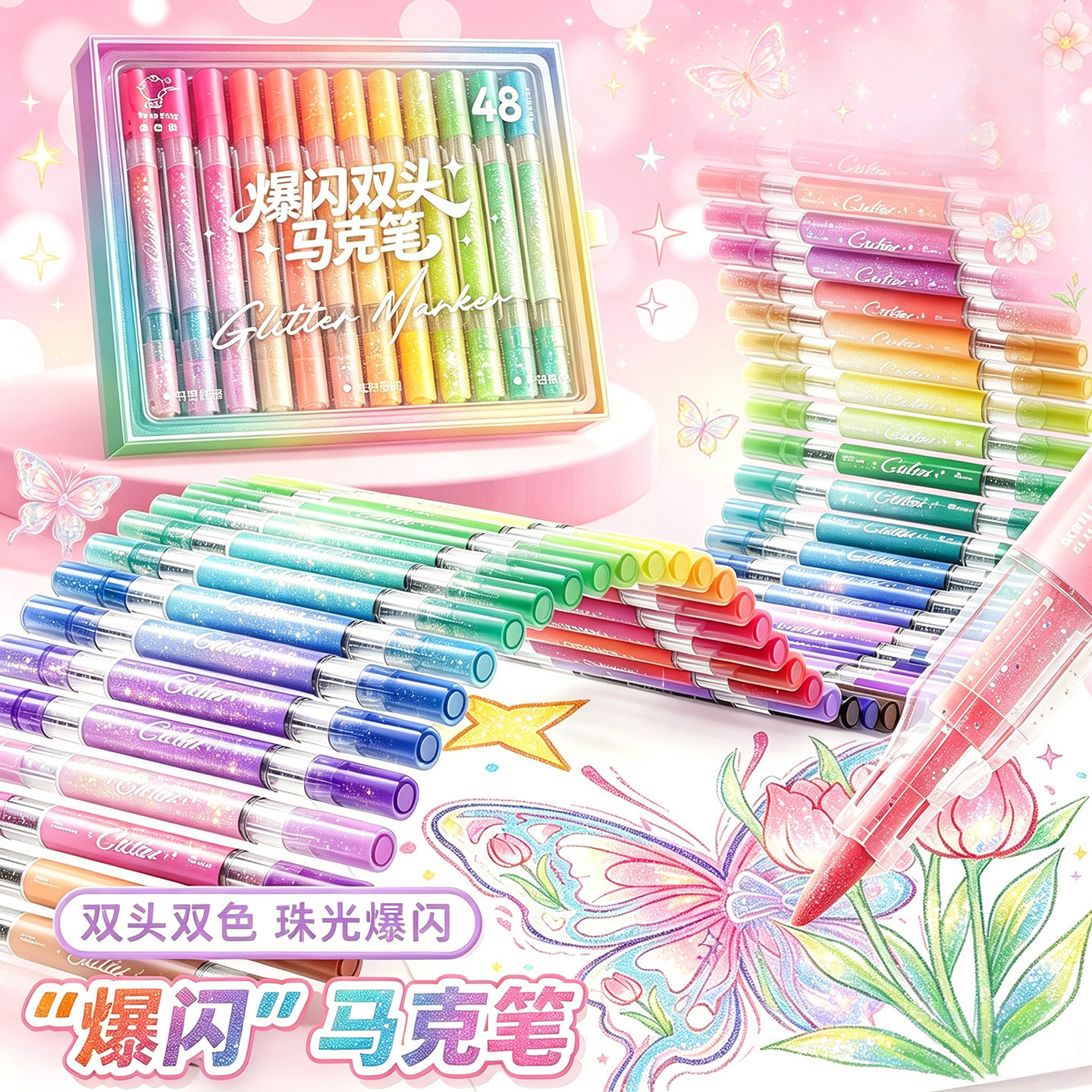 软头爆闪闪光马克笔双头双色盒装小学生专用幼儿园用亮晶晶闪光笔美术学生手账绘画闪粉水彩笔荧光笔彩色丙烯