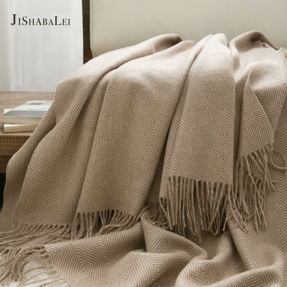 轻奢格子100羊毛毯高端沙发盖毯