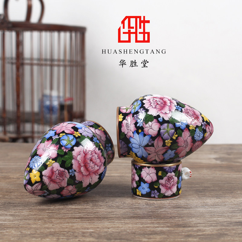 江西景德镇华胜堂粉彩手绘黑地万花图上海鸡心画眉缸鸟缸鸟笼配件