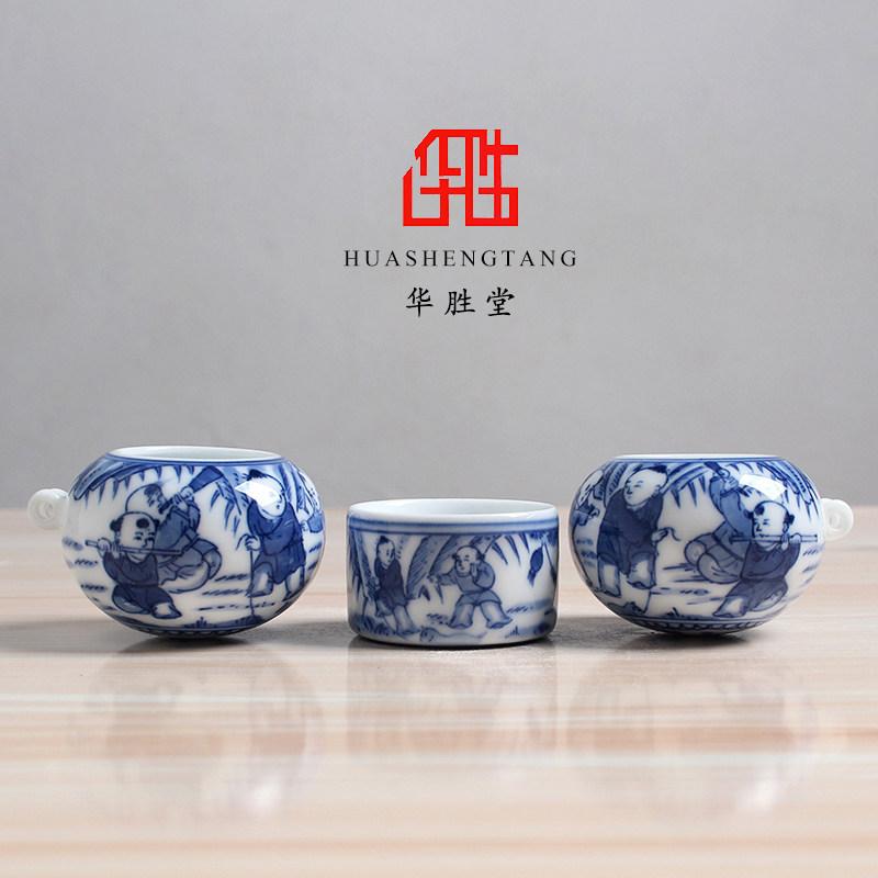华胜堂 景德镇手绘皮球婴戏图顶针烧制百灵缸鸟具喂食器 鸟笼配件