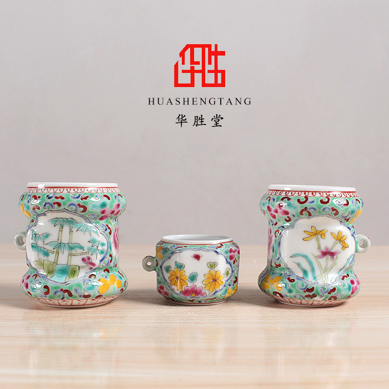华胜堂 景德镇手绘粉彩开窗鸟食罐平底画眉缸鸟杯 鸟笼配件包邮