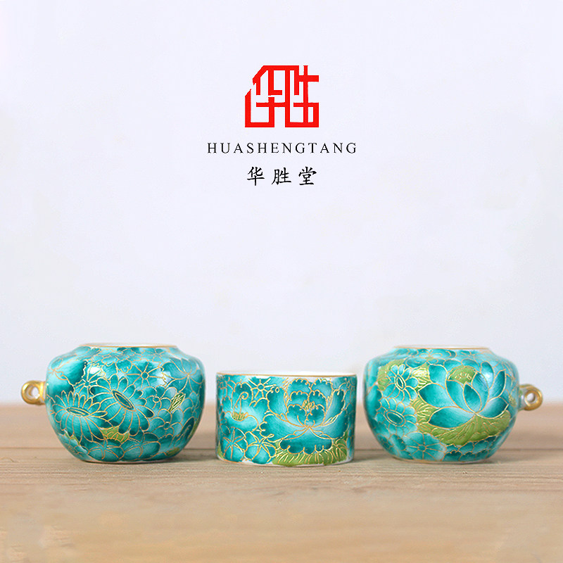 华胜堂 景德镇手绘百灵罐点颏罐绿地万花金口图鸟食罐 鸟笼配件