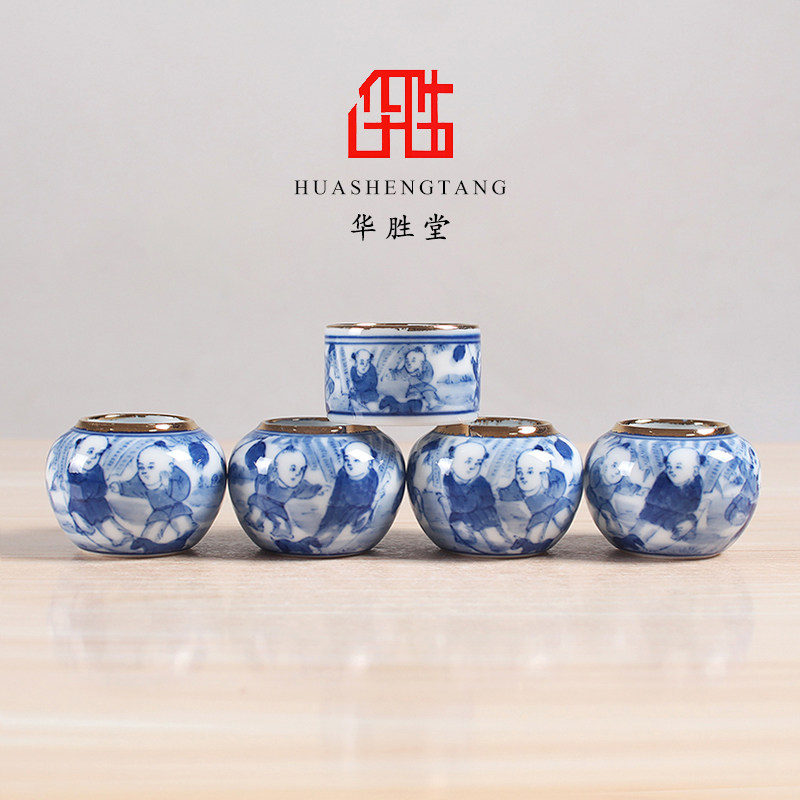 华胜堂 景德镇手绘青花婴戏图红子罐鸟食罐小鸟杯水罐 鸟笼配件