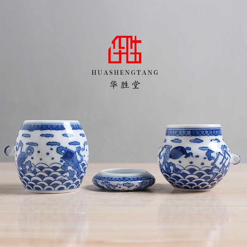 华胜堂 景德镇手绘青花八宝图成都画眉罐鸟食罐鸟用具 鸟笼配件