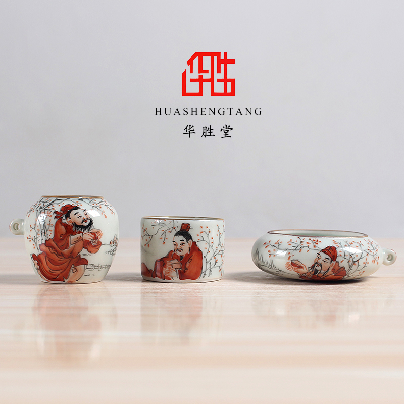 华胜堂景德镇手绘刘关张结义图绣眼杯三件套鸟食罐小鸟杯鸟笼配件
