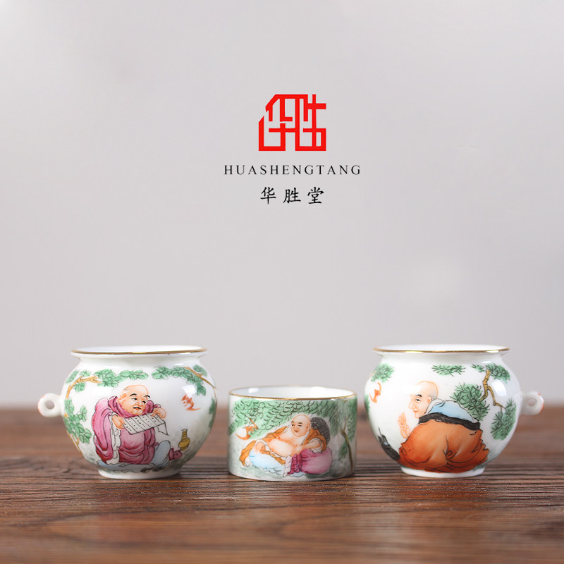 华胜堂景德镇手绘金边痰盂布袋罗汉颠颏百灵陶瓷鸟食缸鸟笼配件