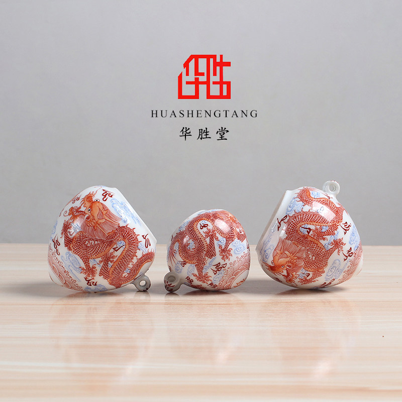 景德镇华胜堂粉彩手绘双龙戏珠三件套广笼鸡心画眉缸鸟缸鸟笼配件