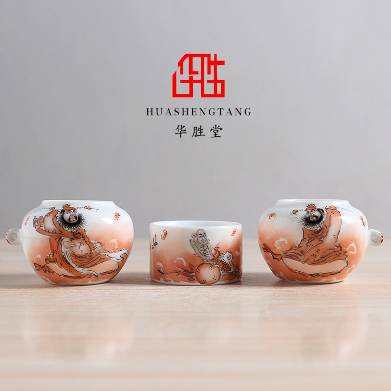 百灵景德镇手绘矾红钟馗鸟食罐