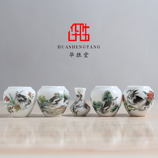 华胜堂 景德镇手绘粉彩卯劲十足鸟食罐绣眼杯五件套 鸟笼配件