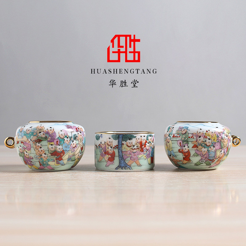景德镇手绘新彩百子图点颏鸟食罐
