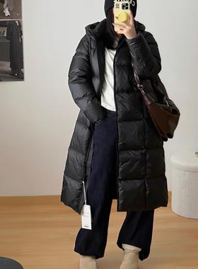 冬季MW女显瘦方格衍缝帝人10D防水防污加长款厚90鹅绒连帽羽绒服