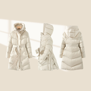 25冬玛汀灵动可开叉下摆面里同料中厚90鹅绒附腰带连帽长羽绒服女