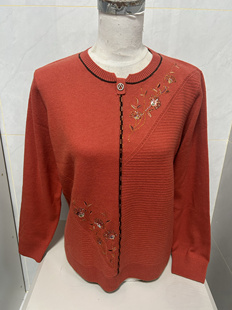 清仓桔红色圆领烫钻女羊毛衫100%全羊毛衫毛衣打底衫