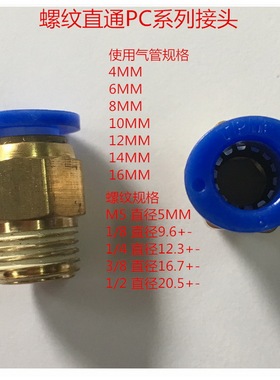 气动元件气管快速接头螺纹直通PC4/6/8/10/12/16-M5-01-02-03-04
