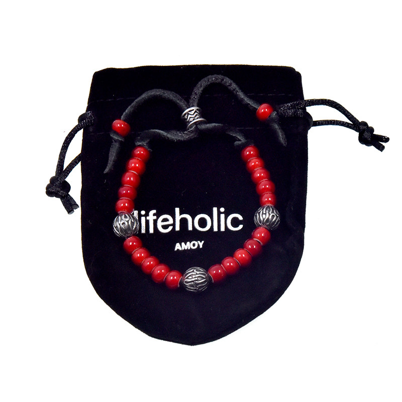 lifeholic 土耳其手工正红老琉璃古银珠鹿皮手链新年礼物红绳潮