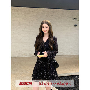MG小象 唐顿庄园'秋款甜美气质碎花撞色百搭长袖连衣裙+皮衣外套