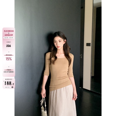 MG小象 气质lady'羊毛方领短袖针织T恤夏季修身中袖气质内搭上衣