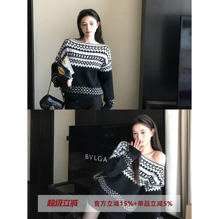 MG小象 伦敦艺术’船领露肩费尔岛提花毛衣女秋冬复古针织衫上衣