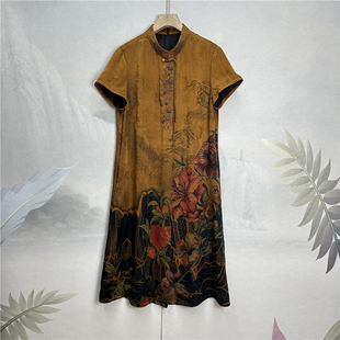 100桑蚕丝香云纱透孔花罗裙领口重工刺绣钉珠气质真丝旗袍中长裙