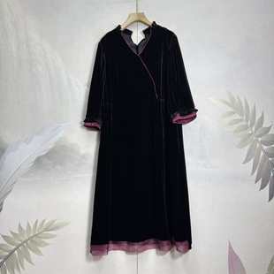 满分桑蚕丝真丝丝绒连衣裙女26春秋气质显瘦重工真丝长袖 宽松长裙