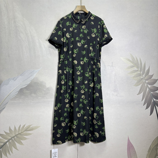 高货~满分桑蚕丝真丝双绉连衣裙女26年轻百搭重工印花中长短袖裙