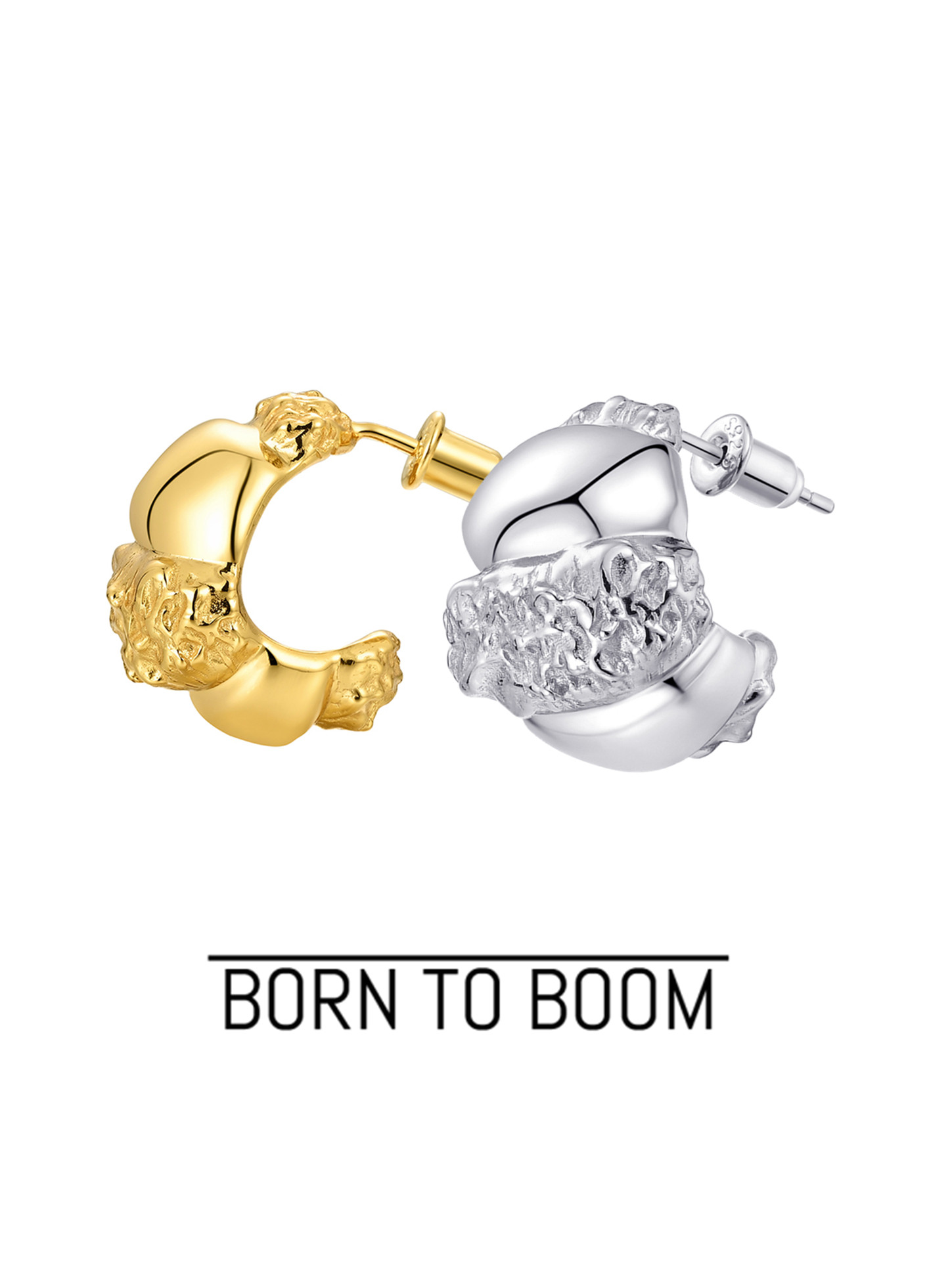 BORN TO BOOM 可颂系列 肌理牛角包925纯银金银双色简约素雅耳钉
