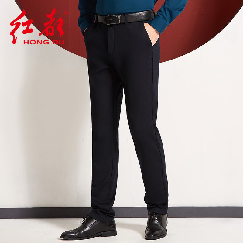 红都厚款秋冬商务休闲裤男装中老年深裆纯色大号码高腰微弹长裤子