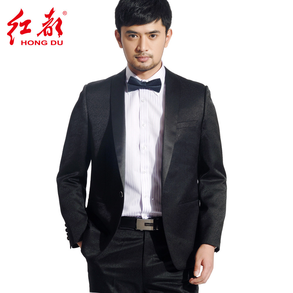 红都男装时尚黑色小西服结婚新郎伴郎主持人礼服办公修身西装套装