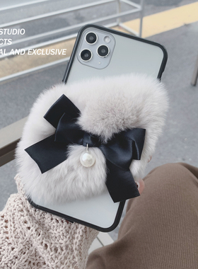 MOMO SUKI 秋冬简约ins风高级亚麻灰獭兔毛绒暗黑蝴蝶结适用iPhone15Promax 个性14Pro/16Promax/13保护套