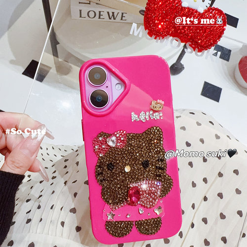 MOMOSUKI 新款甜酷Kitty爆闪16promax手机壳可爱KT水钻iPhone15/14个性辣妹16pro全包防摔软壳玫粉蝴蝶结套