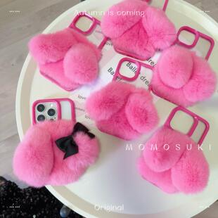 MOMO SUKI 秋冬新款ins高级风毛绒绒适用iPhone17Promax手机壳可爱少女心蜜桃粉兔耳朵16Pro蝴蝶结芭比15/14