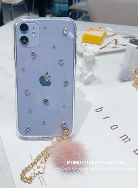 MOMO SUKI 原创~轻奢简约水晶钻手机壳适用苹果16Promax防摔貂毛球14Pro/15Promax/13全包软透明水钻闪点钻壳