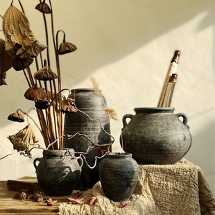 复古做旧粗陶罐插花干花民宿宅寂小众手工落地花瓶干插花枯枝装饰