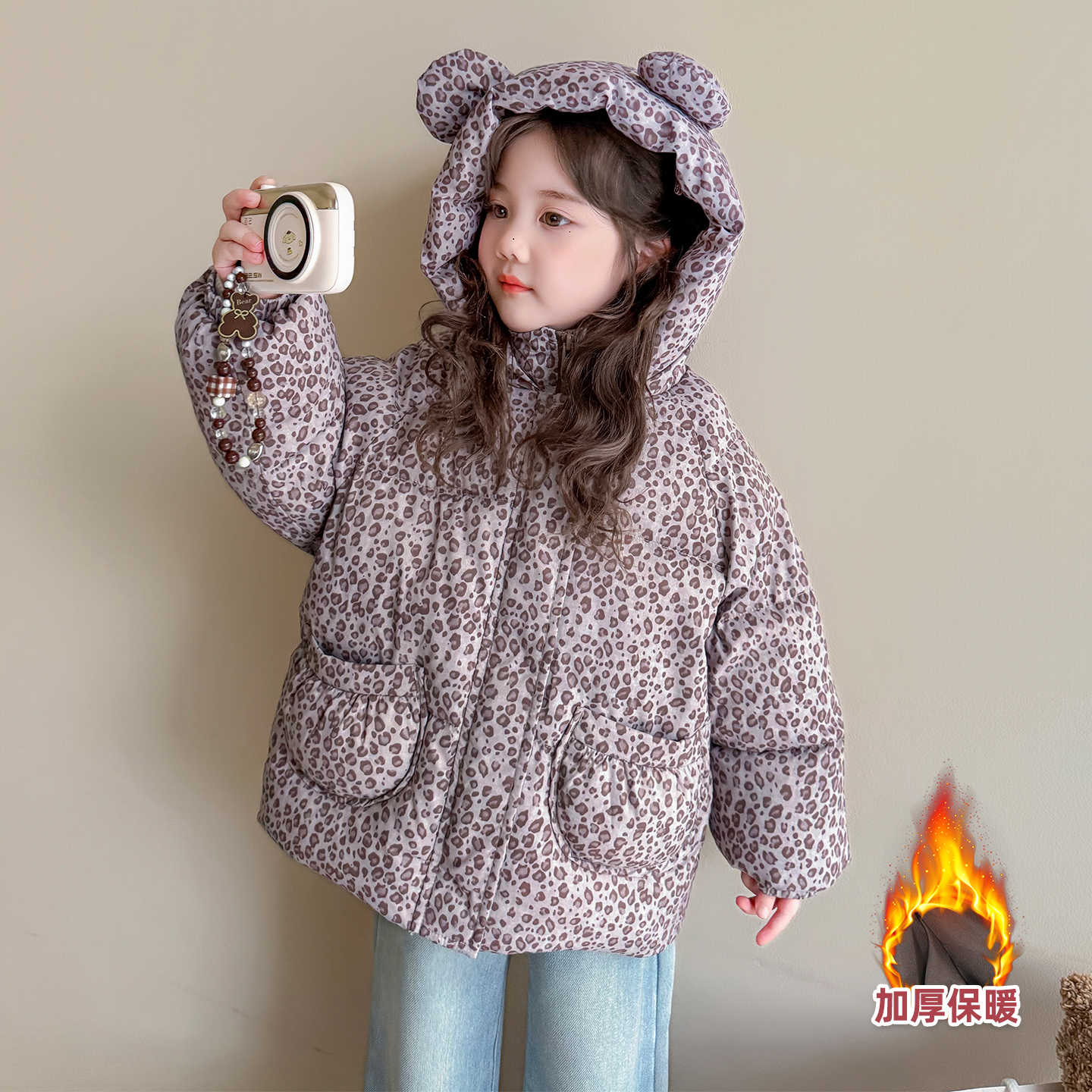 女童冬季羽绒棉连帽豹纹棉服