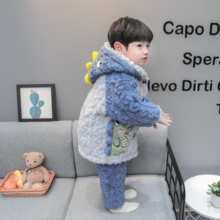 儿童珊瑚绒家居服 三层夹棉加厚男宝宝法兰绒冬装 男童睡衣套装 冬季