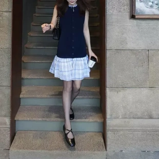 [马君妍同款]仿天丝桑蚕丝撞色拼接连衣裙女2025秋新款裙子圆领女