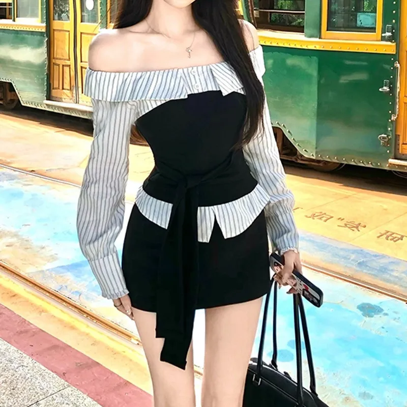 伯德小姐早秋撞色拼接条纹设计一字肩显瘦上衣半裙套装2025