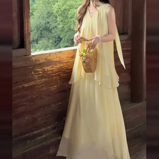 巨好看黄色无袖 吊带连衣裙子女夏2025新款 海边度假新中式 长裙套装