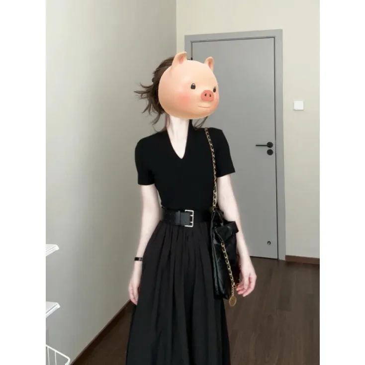 法式赫本风V领黑色短袖连衣裙女高级感礼服裙气质长裙