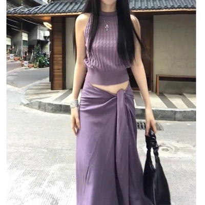 女春夏季薄款麻花毛衣短款半高领背心紫罗兰针织无袖上衣纯欲辣妹