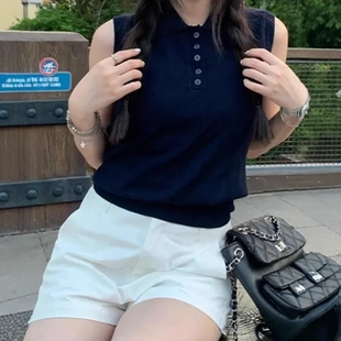 背心女夏韩系气质宽松设计感小众温柔显瘦针织衫 polo领无袖 上衣