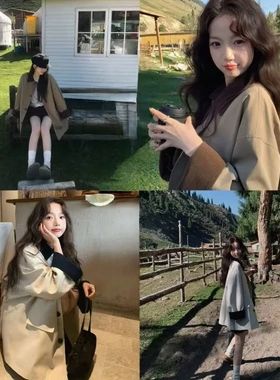 张贝贝ibell天丝棉灯芯绒撞色拼接工装风衣落肩复古单排扣外套女