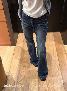 SUNONEONE 水洗蓝色猫须纹低腰微喇牛仔裤女秋冬修身显瘦休闲裤子