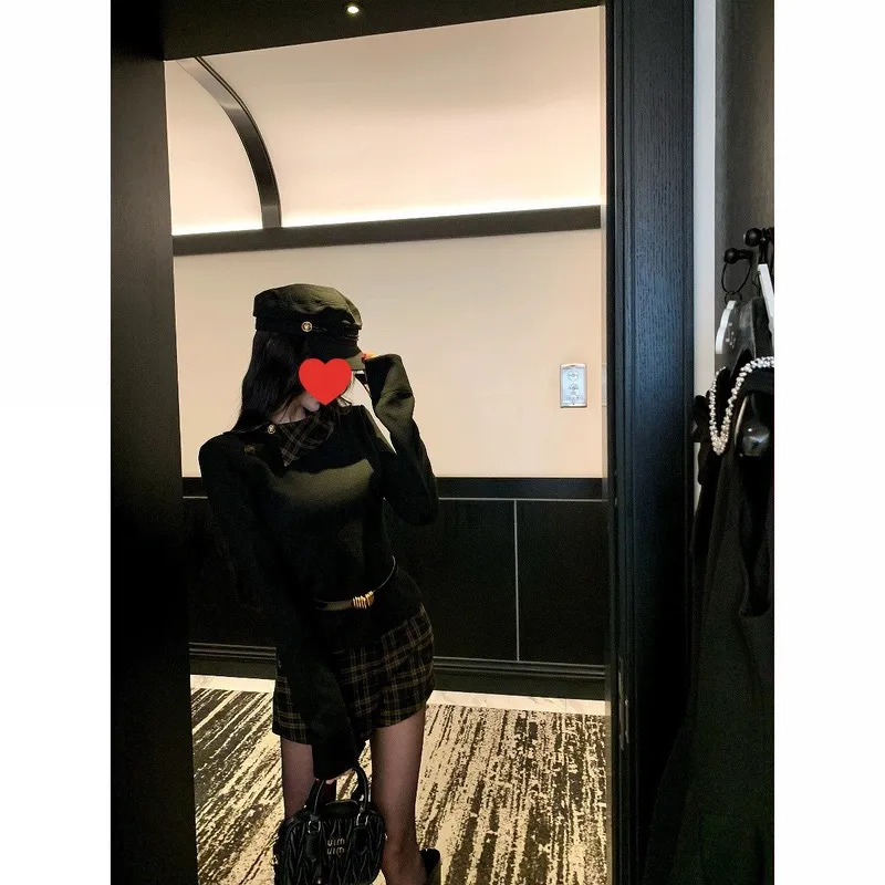 Barb Chill格子拼接长袖针织衫女秋vintage老钱风上衣假两件毛衣